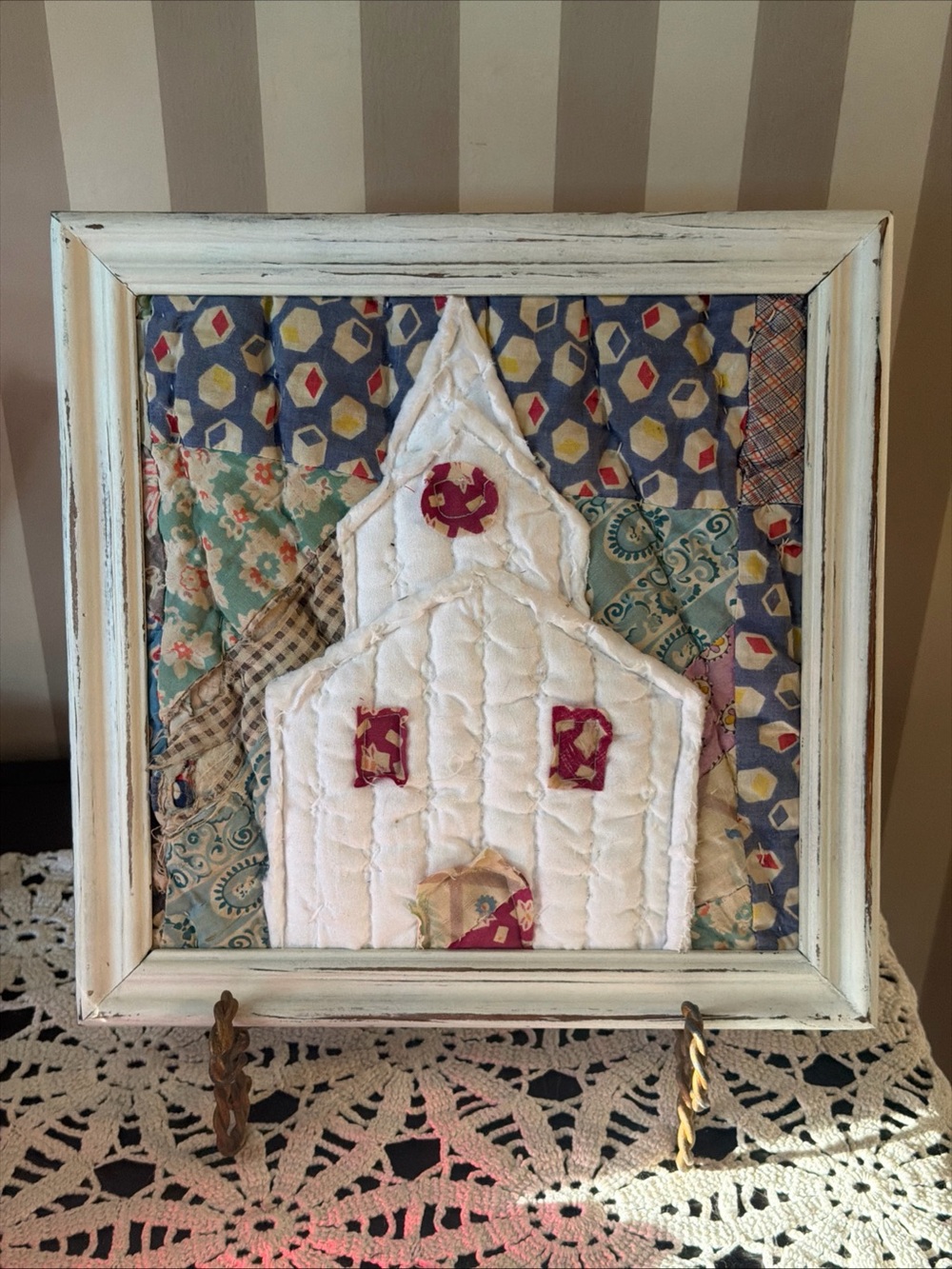Handmade Quilted White Church Wall Art - Multicolor Patchwork Background
